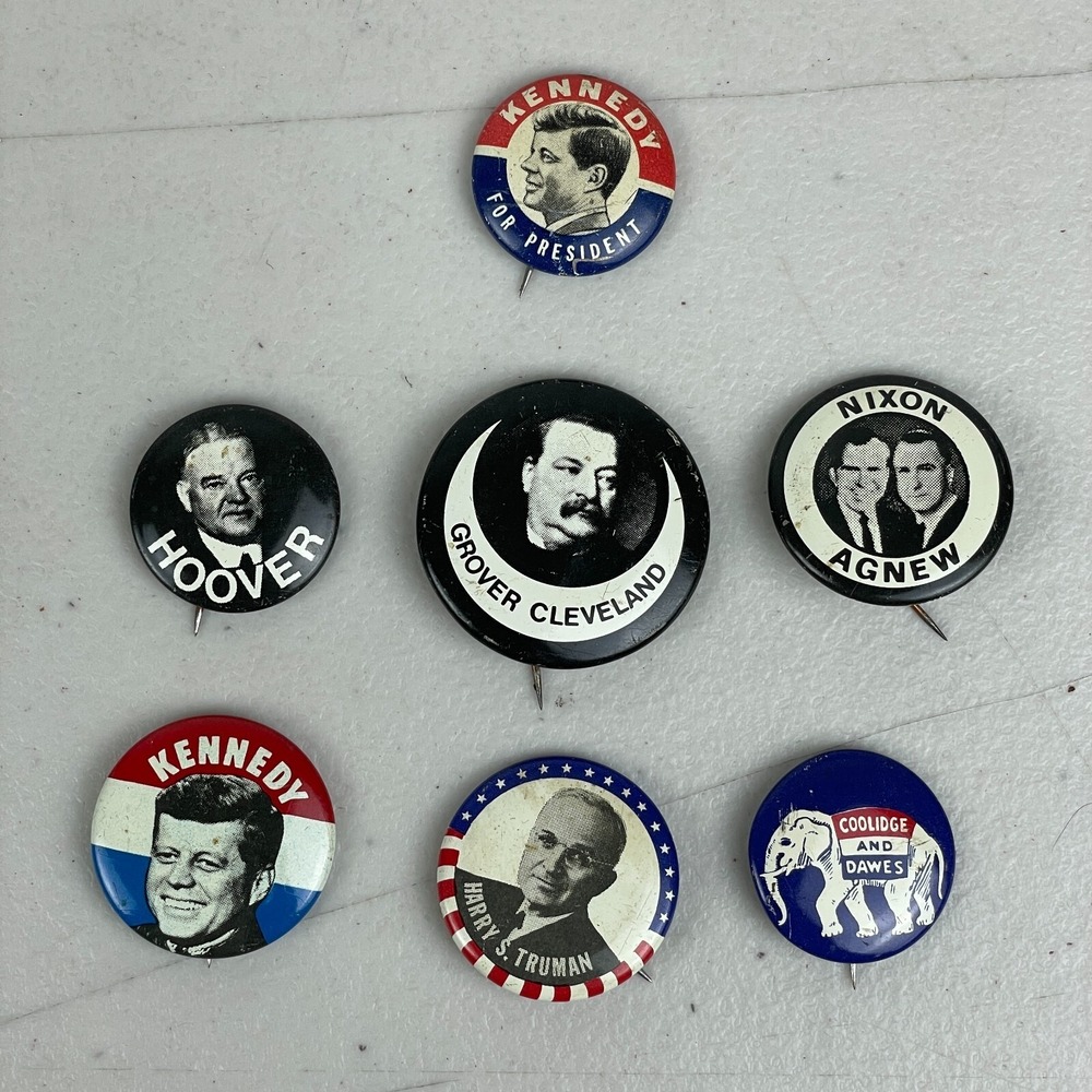 Vintage Political Pin Lot of 7 Kennedy Nixon Coolidge Hoover Truman Cleveland